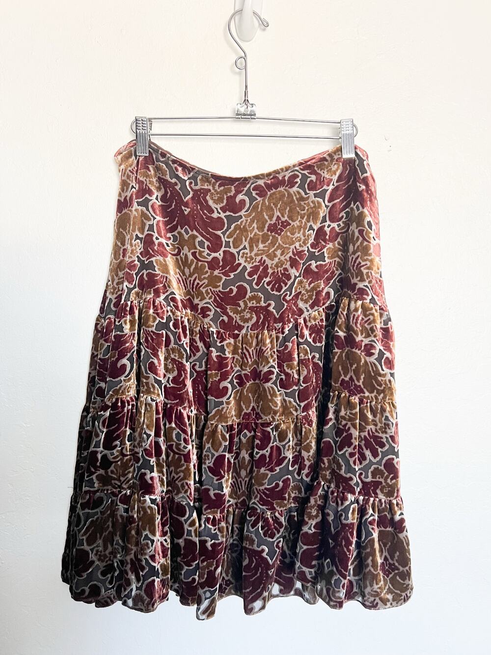 Y2K Central Park West Skirt Small Burnout Velvet Fall Peasant Knee Length Brown